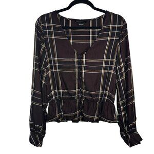 Sanctuary Womens Brown Plaid Button-Down Blouse Size S Lightweight Rayon Long Sl